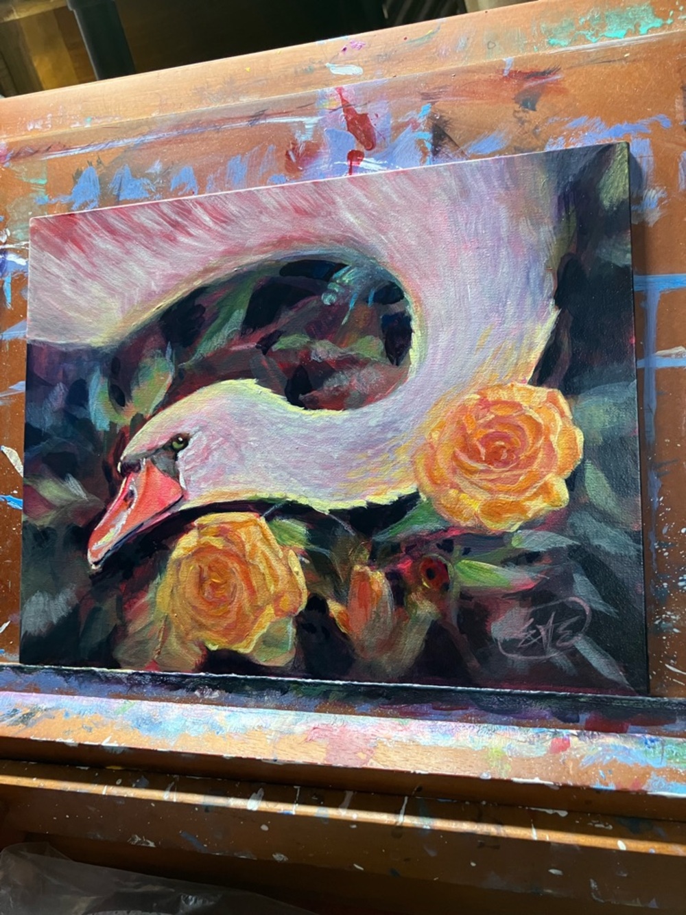 Swan original painting yellow rose garden surrealism art Artettina USA - Picture 4 of 8